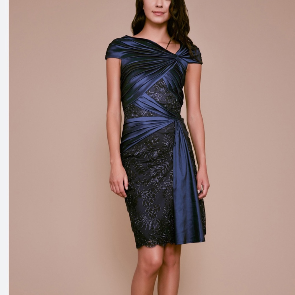 Tadashi Shoji LARCH EMBROIDERED DRAPED TAFFETA LACE Formal DRESS
